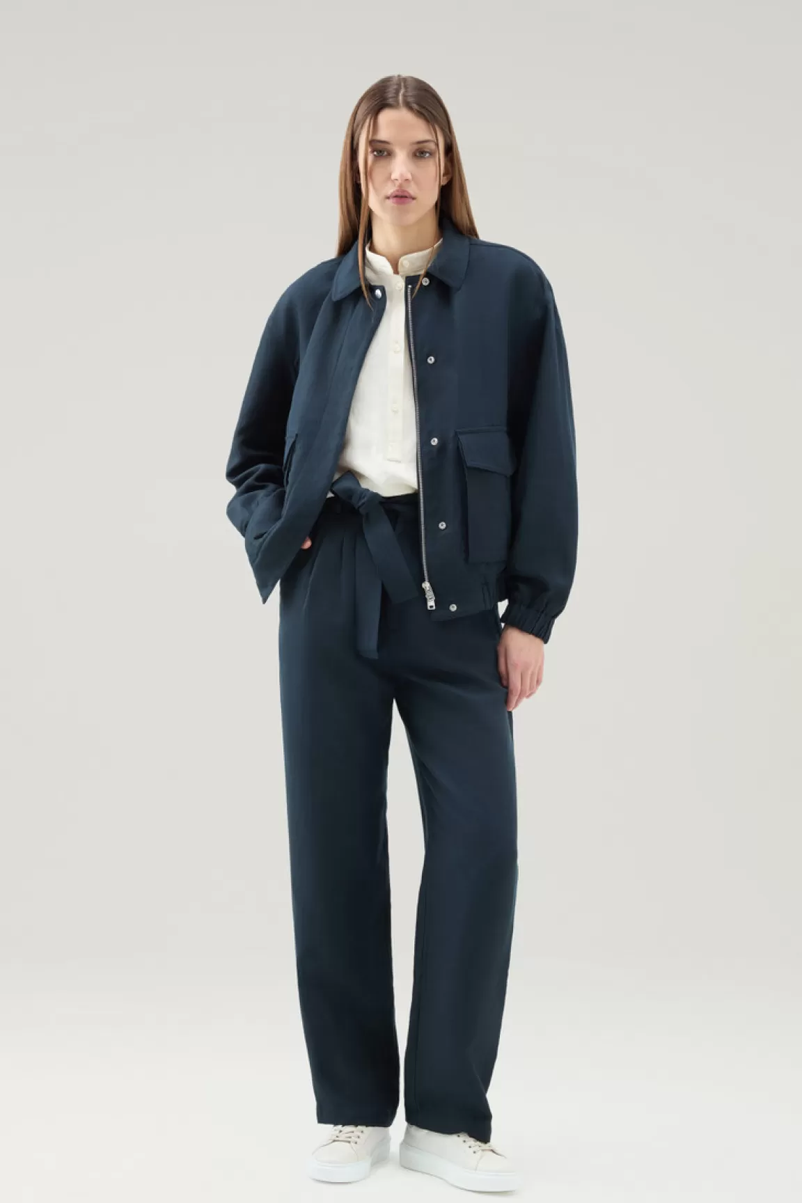 Woolrich Broek Met Riem Van Linnen Melton Blue Shop