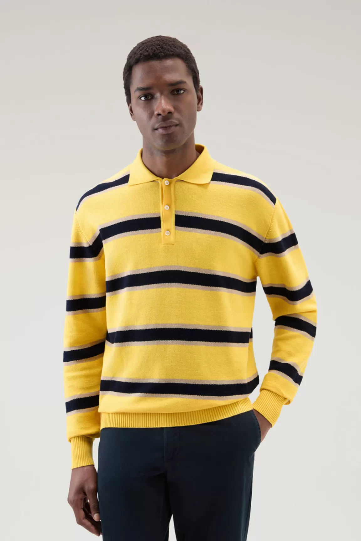 Woolrich Gebreid Poloshirt Met Lange Mouwen Light Golden Glow Stripe New