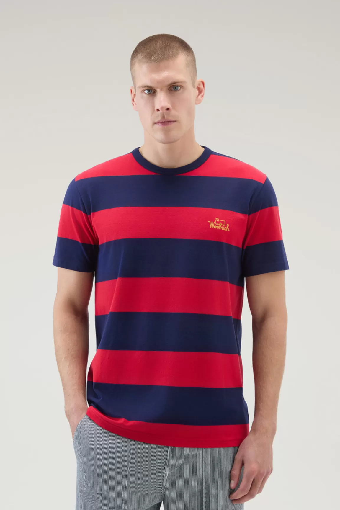 Woolrich Gestreept T-shirt Van Elastische Katoenjersey Red Stripe Cheap