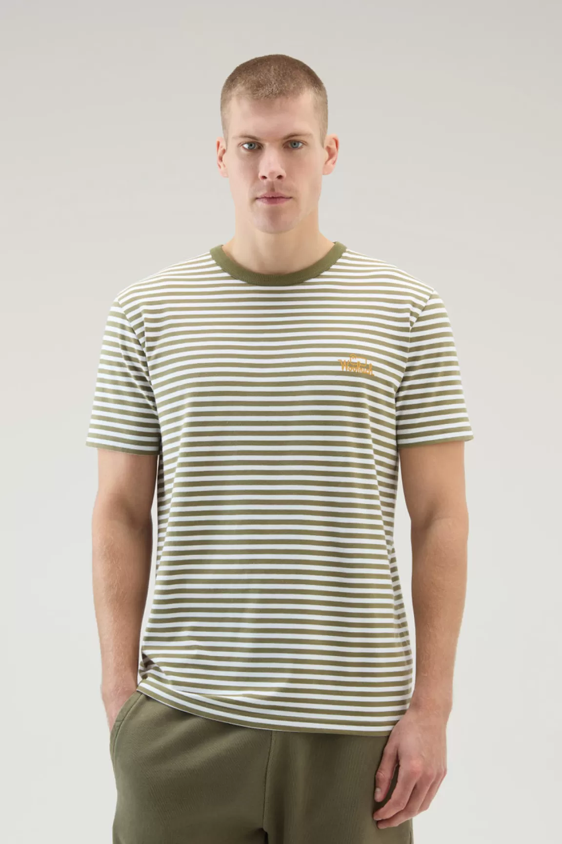 Woolrich Gestreept T-shirt Van Elastische Katoenjersey Green Stripe Best Sale