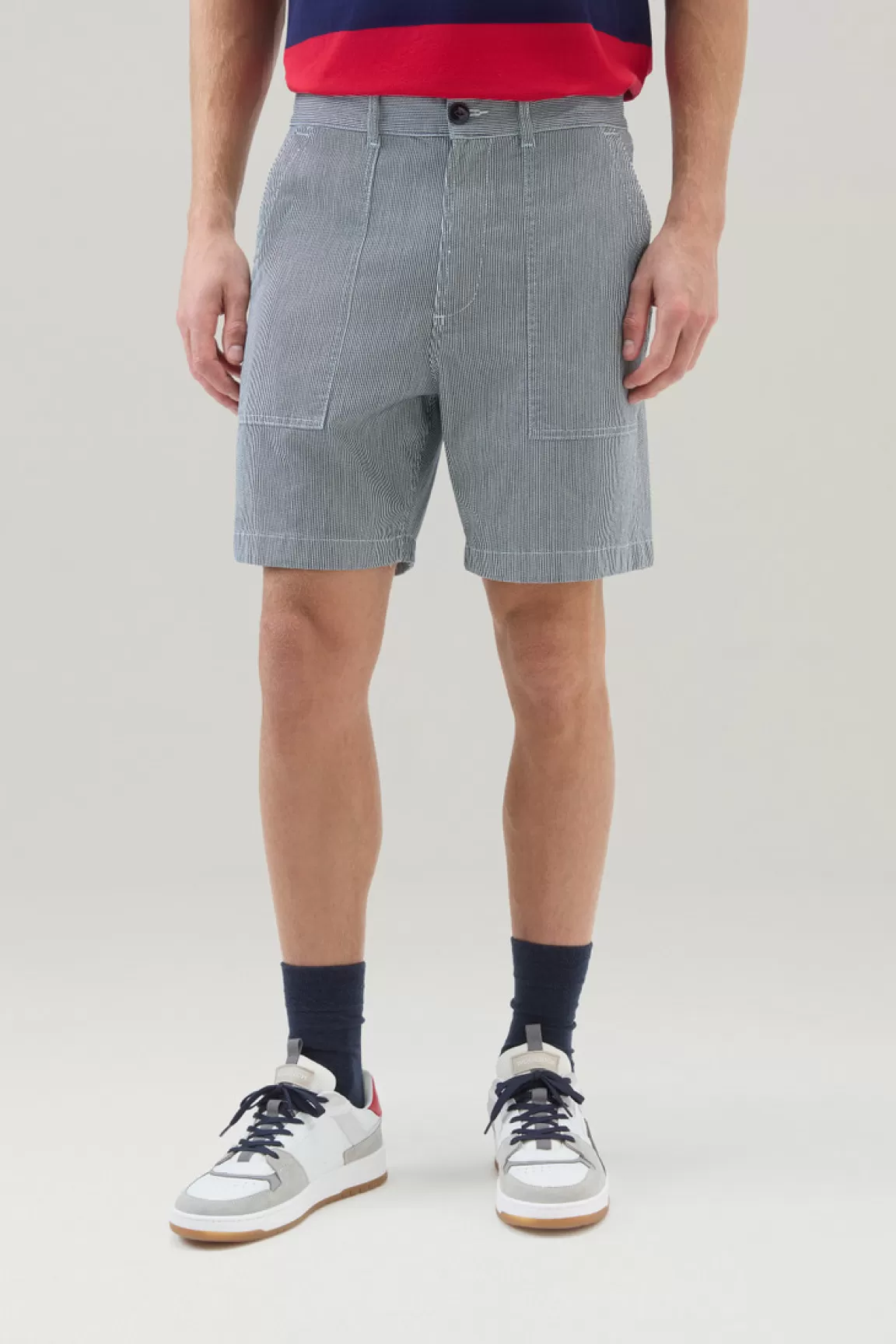 Woolrich Gestreepte Chino Shorts In Stretch Katoenmix Blue Stripe Flash Sale