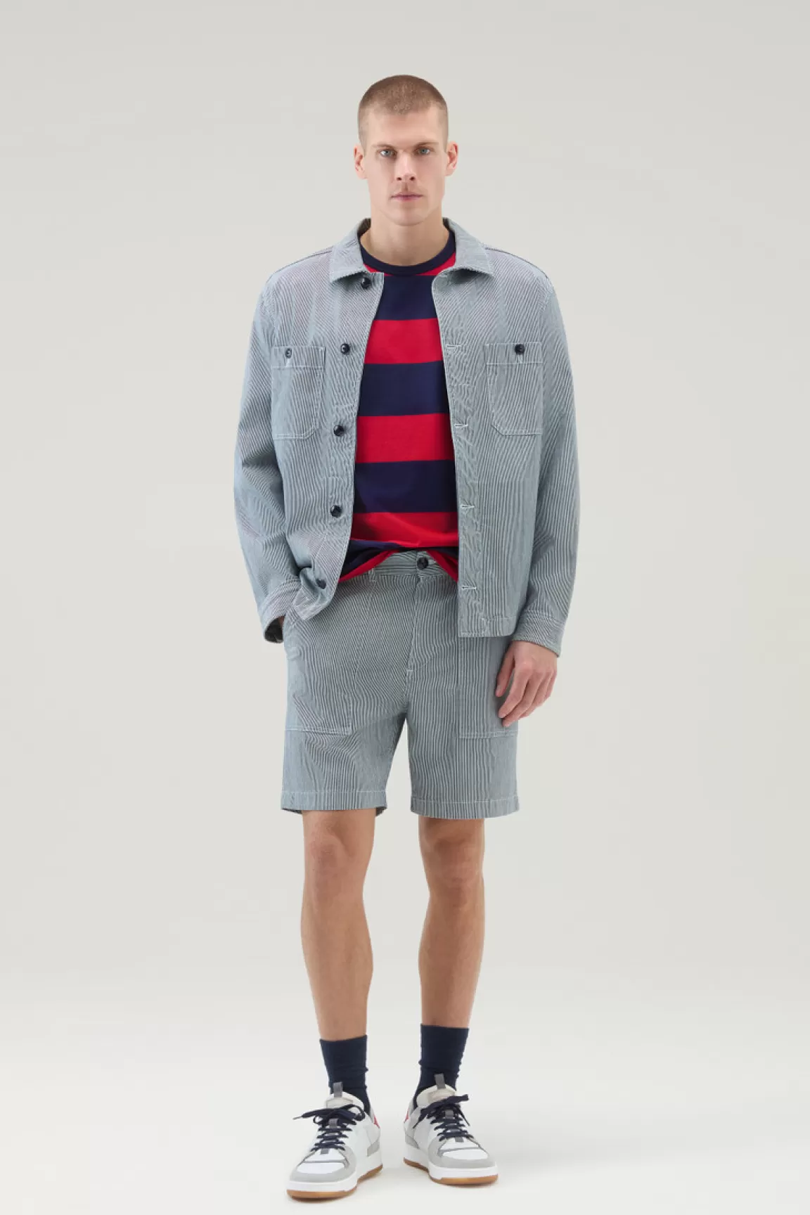 Woolrich Gestreepte Chino Shorts In Stretch Katoenmix Blue Stripe Flash Sale