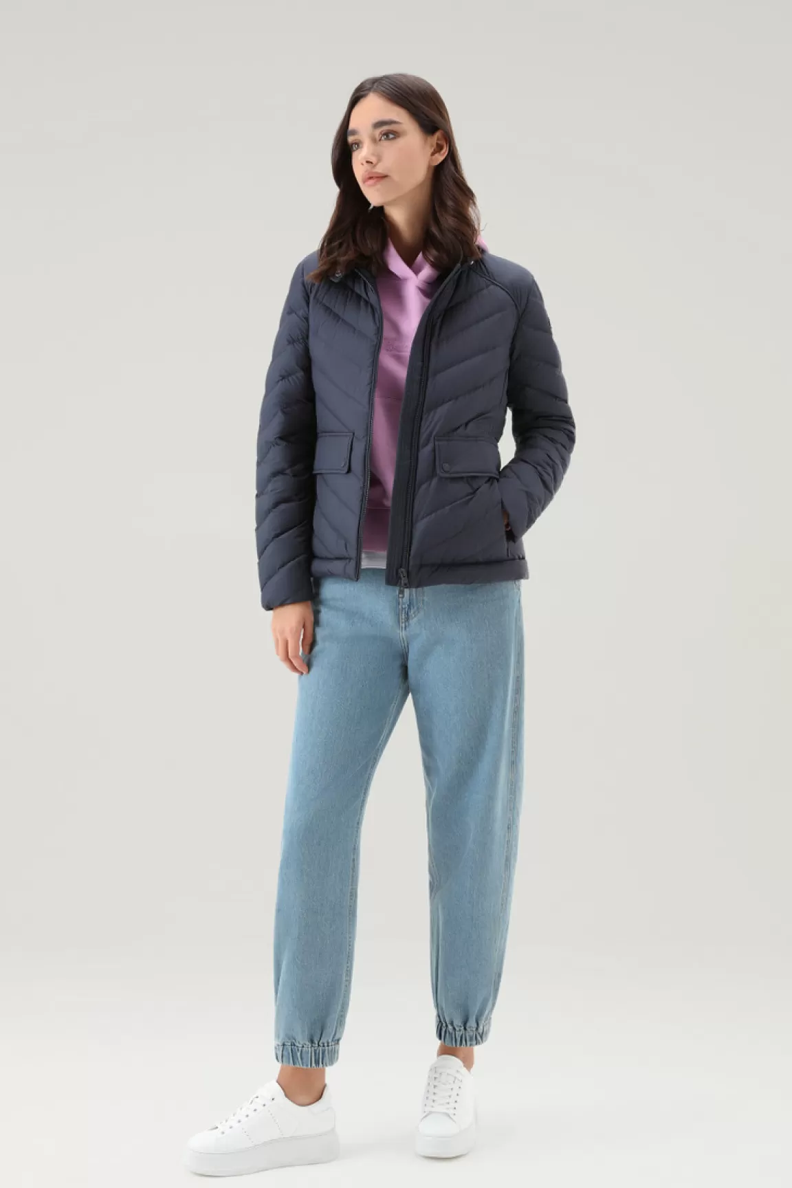 Woolrich Gevoerd Kort Jack Met Chevron Wattering Melton Blue Flash Sale