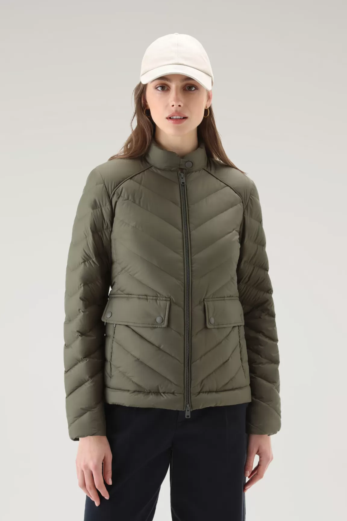 Woolrich Gevoerd Kort Jack Met Chevron Wattering Dark Green Cheap