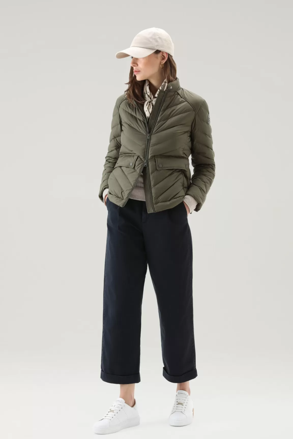 Woolrich Gevoerd Kort Jack Met Chevron Wattering Dark Green Cheap