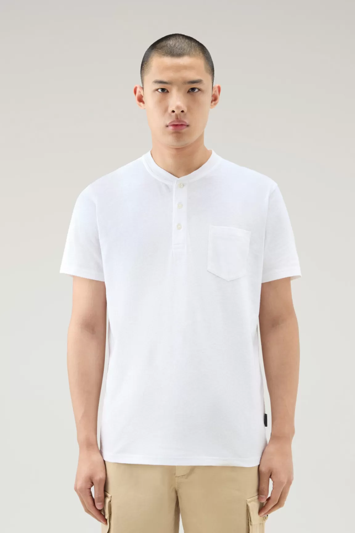 Woolrich Henley T-shirt Van Een Mix Van Katoen En Linnen Bright White Flash Sale