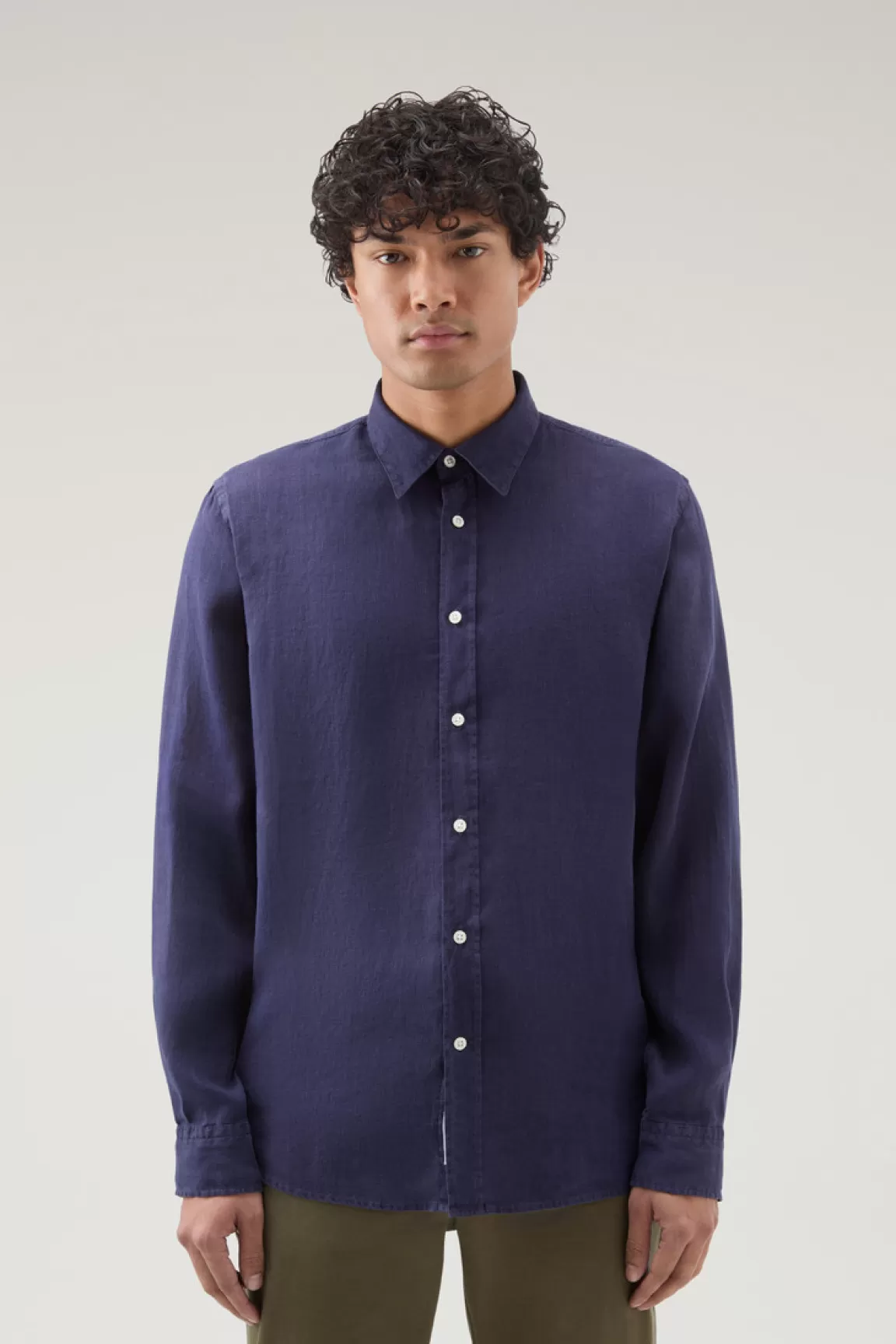 Woolrich Overhemd Van Achteraf Geverfd, Zuiver Linnen Maritime Blue Sale