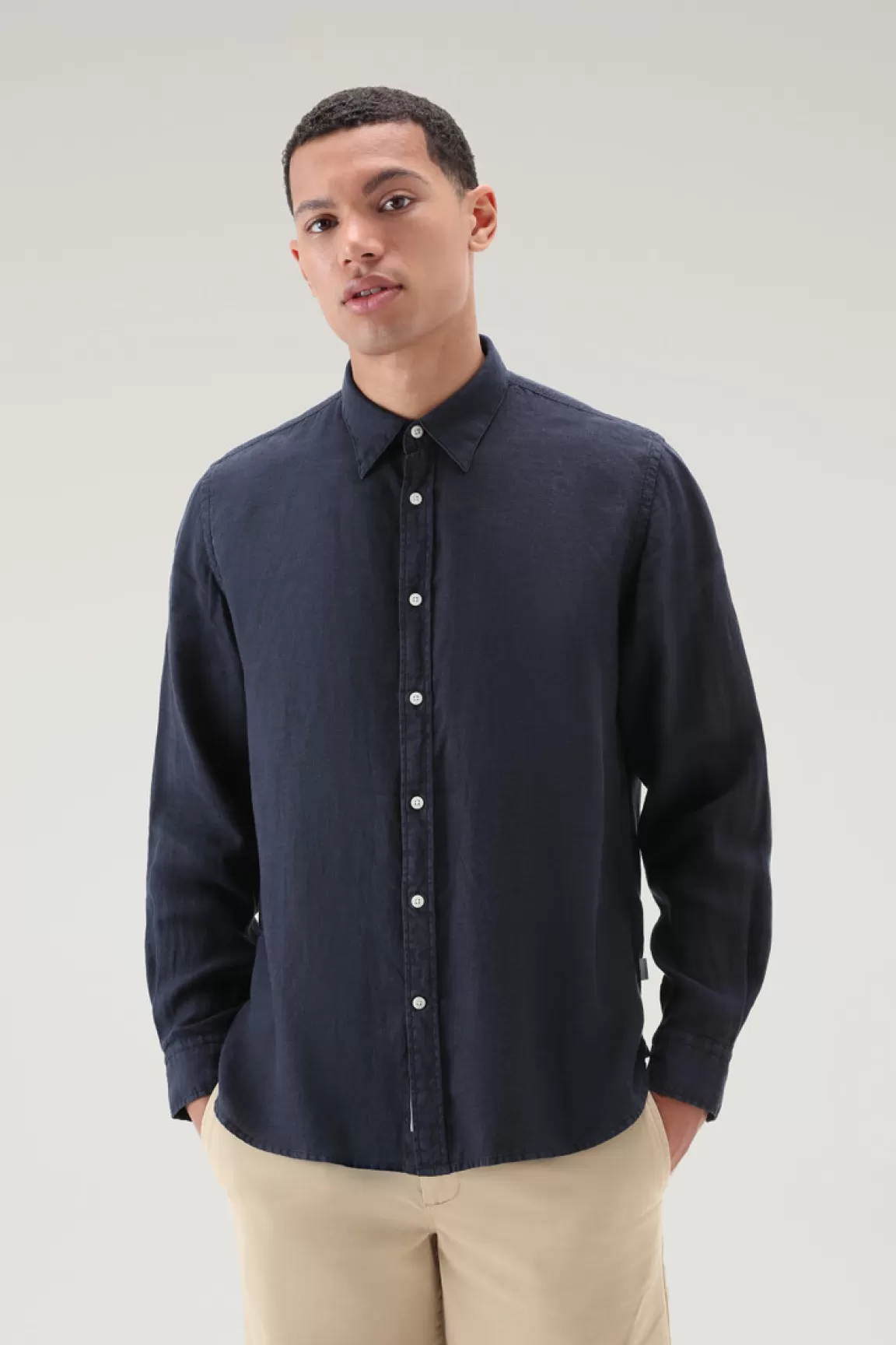 Woolrich Overhemd Van Achteraf Geverfd, Zuiver Linnen Melton Blue Best Sale