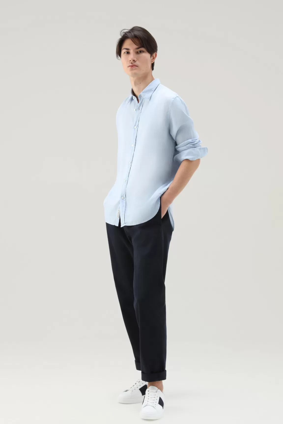 Woolrich Overhemd Van Achteraf Geverfd, Zuiver Linnen Pale Indigo Cheap