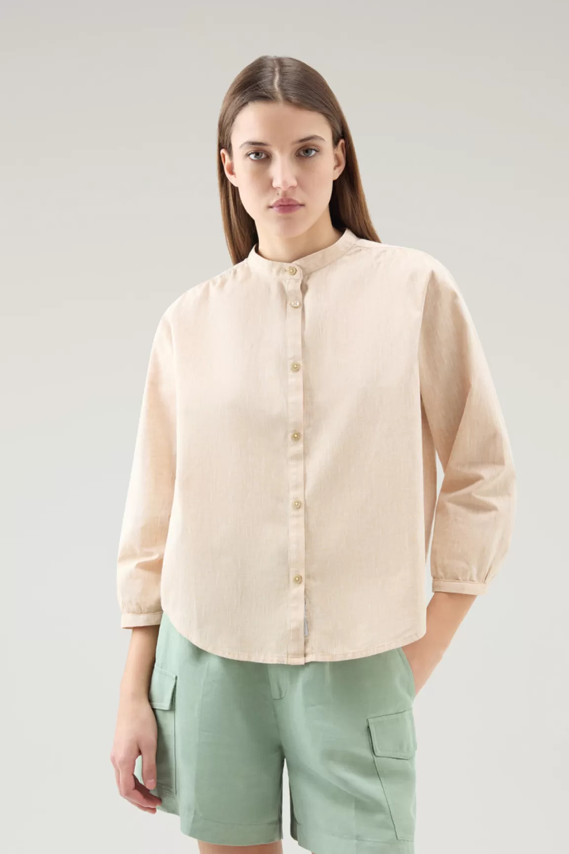 Woolrich Overhemd Voor Meisjes Van Een Mix Van Linnen En Katoen Met Bandkraag Light Oak Cheap