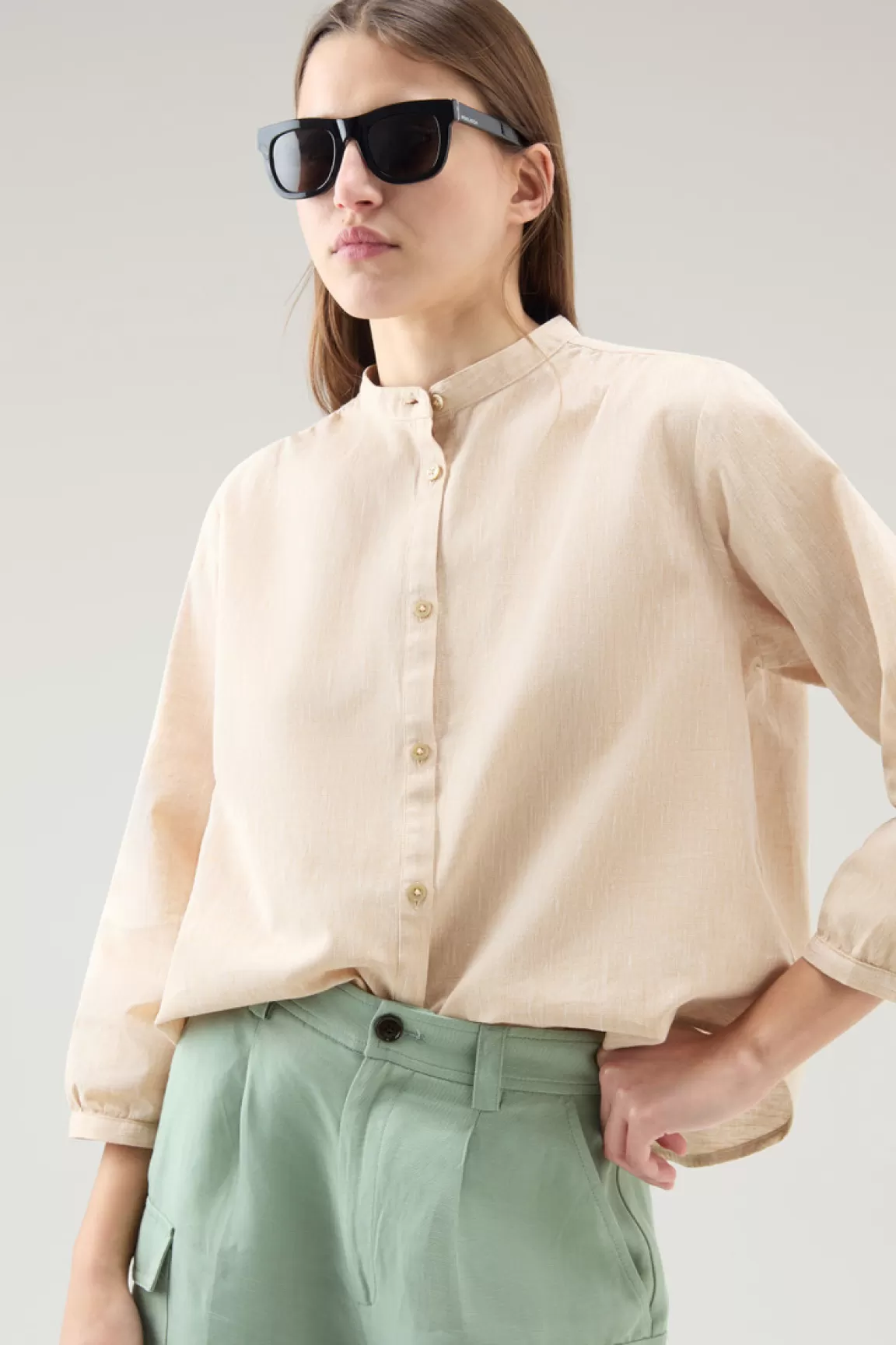 Woolrich Overhemd Voor Meisjes Van Een Mix Van Linnen En Katoen Met Bandkraag Light Oak Cheap