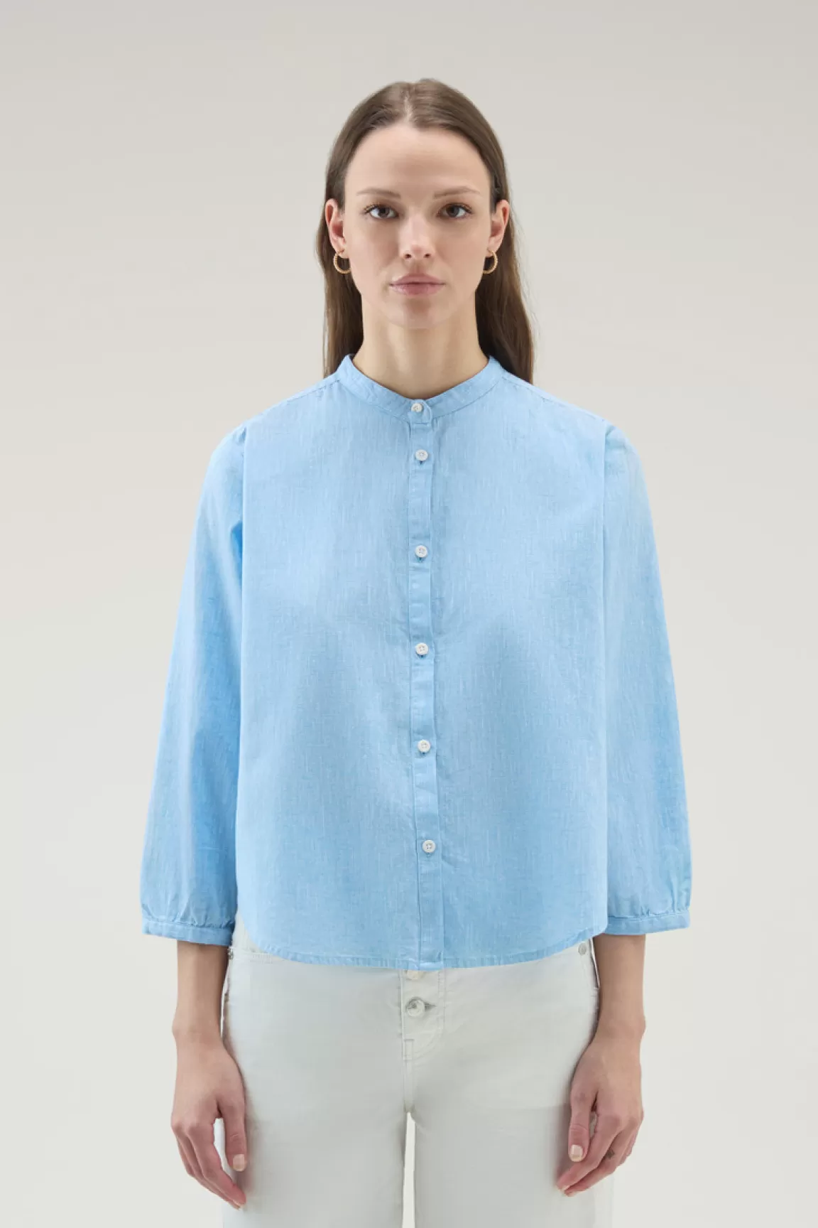 Woolrich Overhemd Voor Meisjes Van Een Mix Van Linnen En Katoen Met Bandkraag Sea Breeze Sale