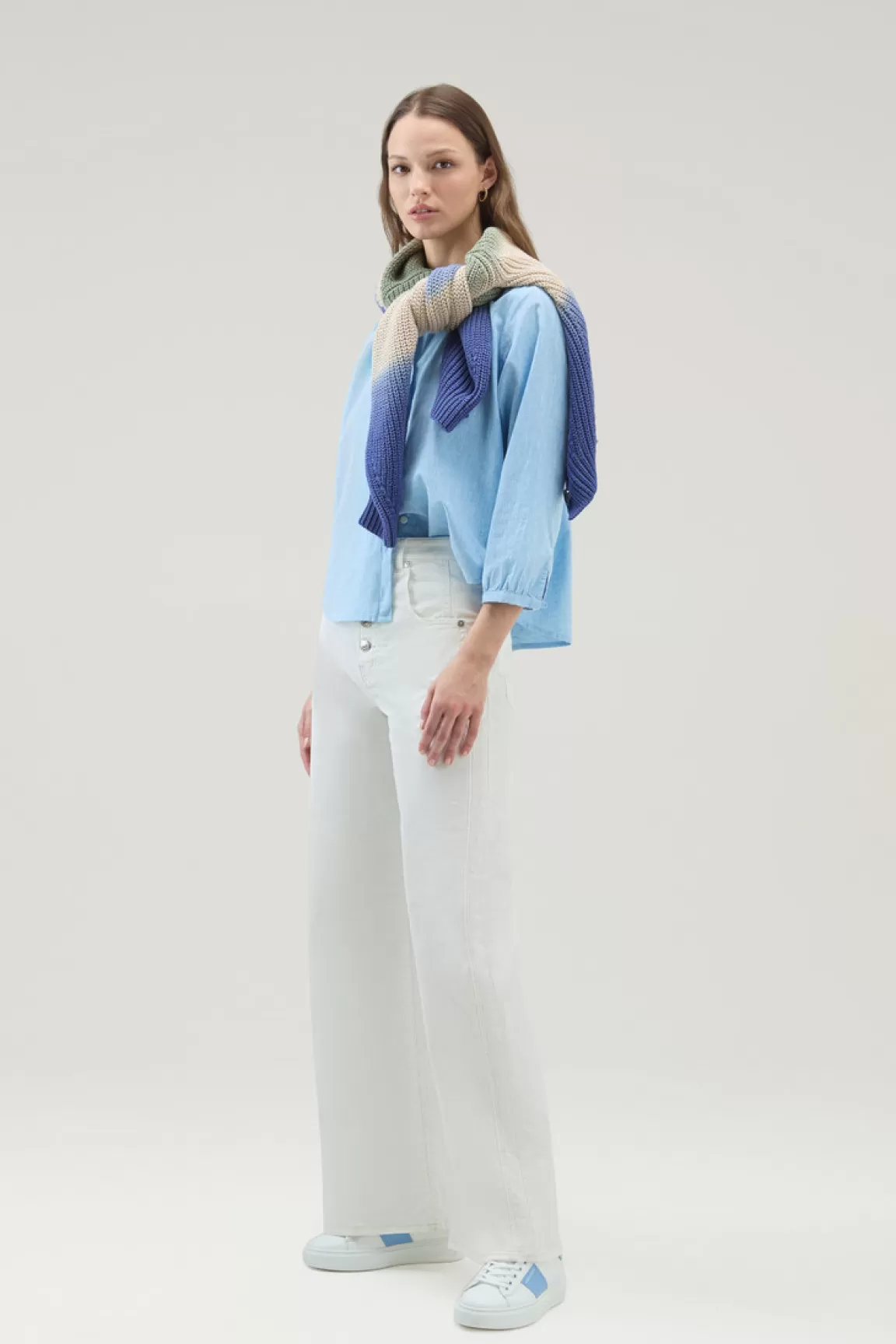 Woolrich Overhemd Voor Meisjes Van Een Mix Van Linnen En Katoen Met Bandkraag Sea Breeze Sale