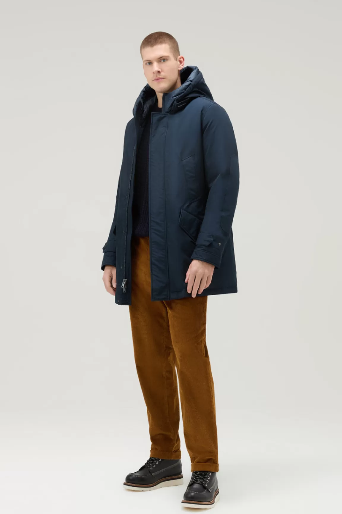 Woolrich Polar Parka Van Ramar Cloth Met Hoge Kraag Melton Blue Outlet