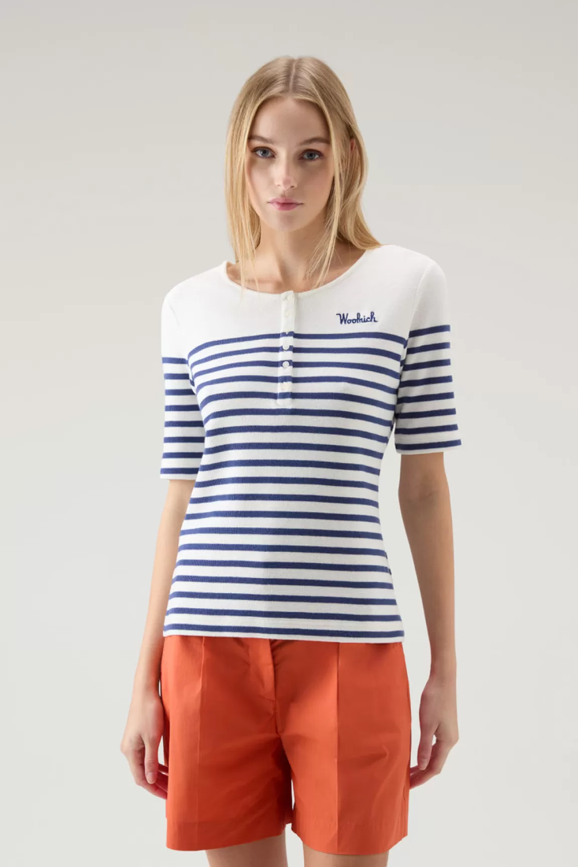 Woolrich Serafino T-shirt Van Zuiver Gestreept Katoen Twilight Blue Stripe Sale