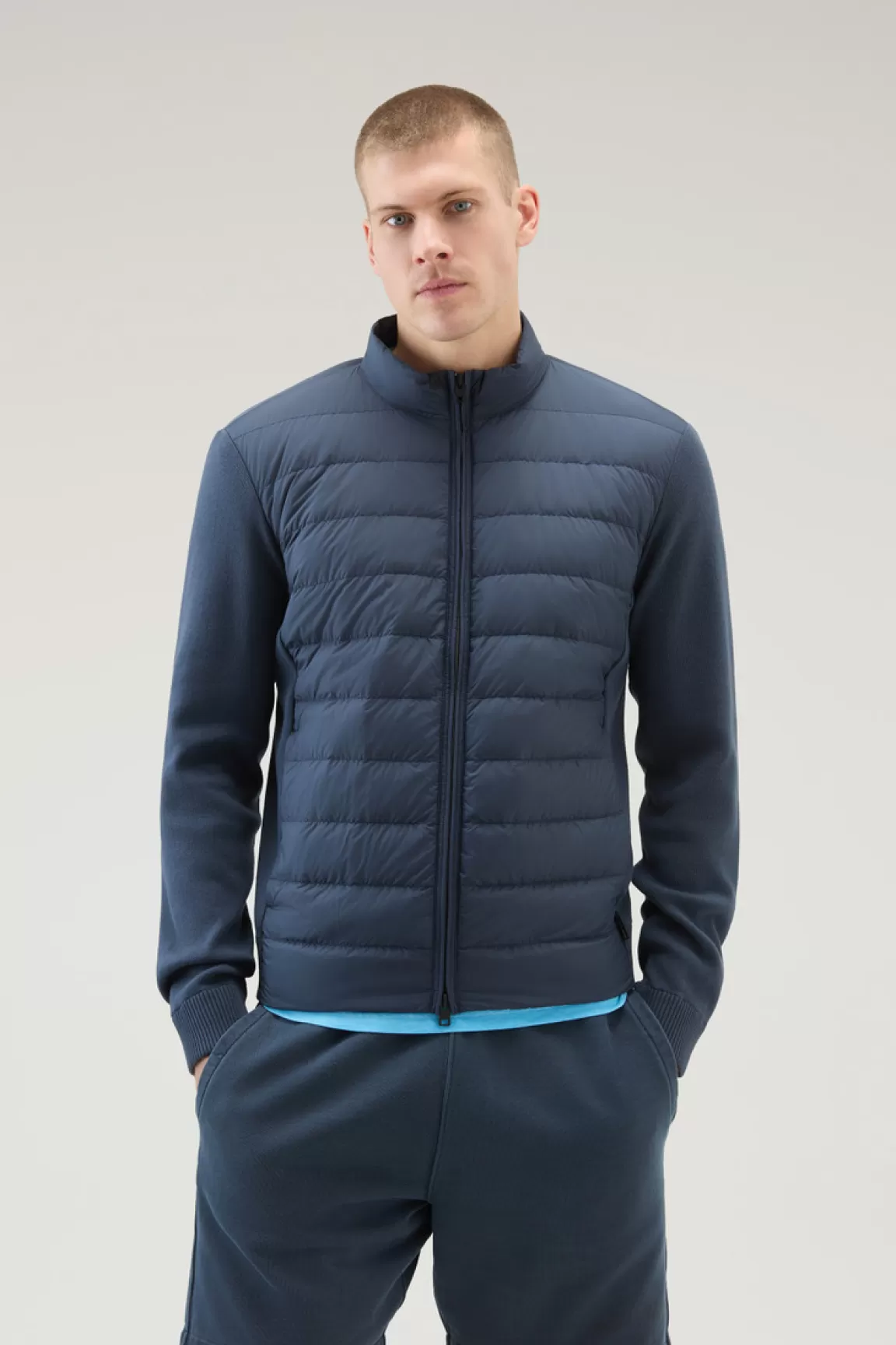 Woolrich Sundance Hybride Bomberjack Van Microvezel En Gebreid Katoen Melton Blue Discount