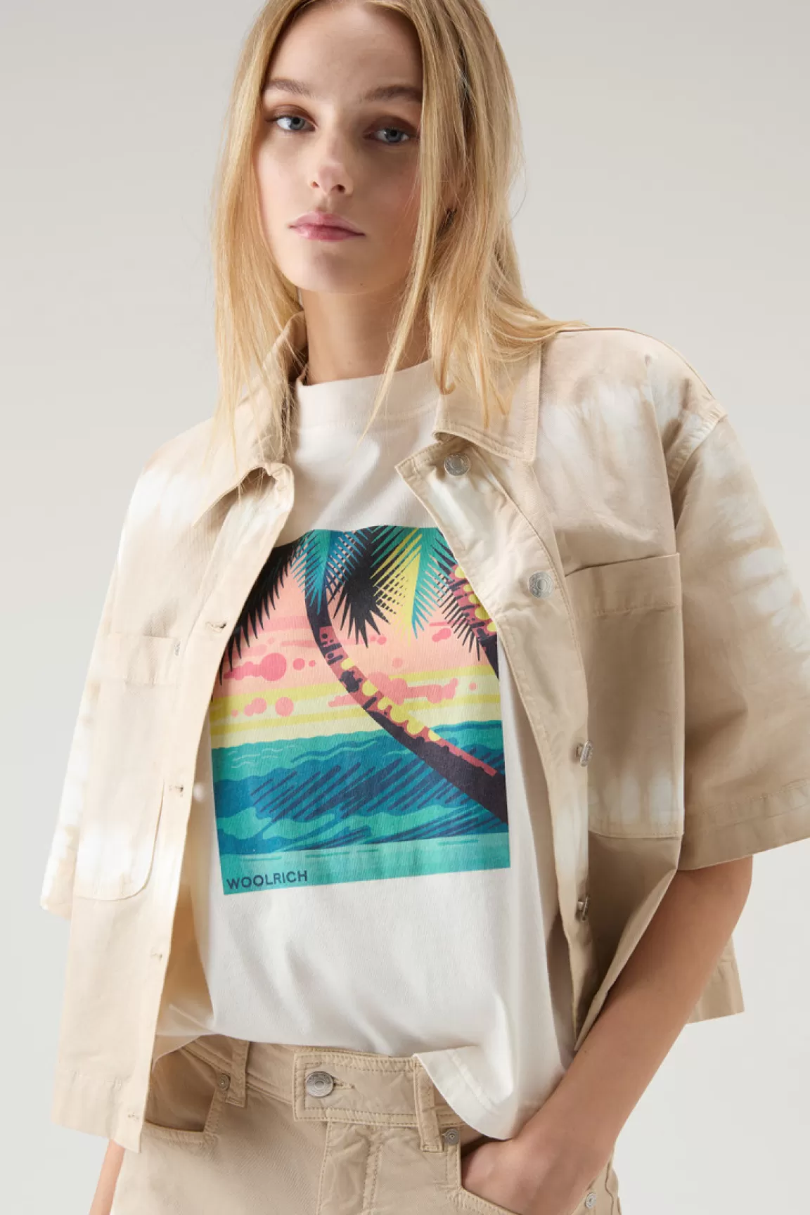 Woolrich T-shirt Voor Jongens Van Zuiver Katoen Met Grafische Print Plaster White New