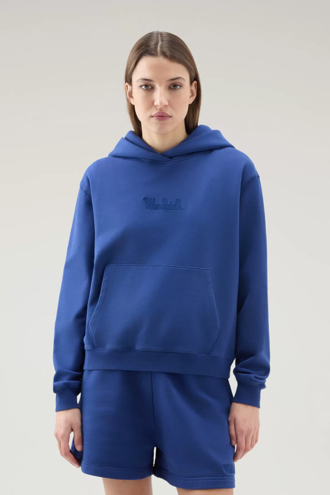 Woolrich Zuiver Katoenen Sweater Met Capuchon Met Geborduurd Logo Twilight Blue Cheap