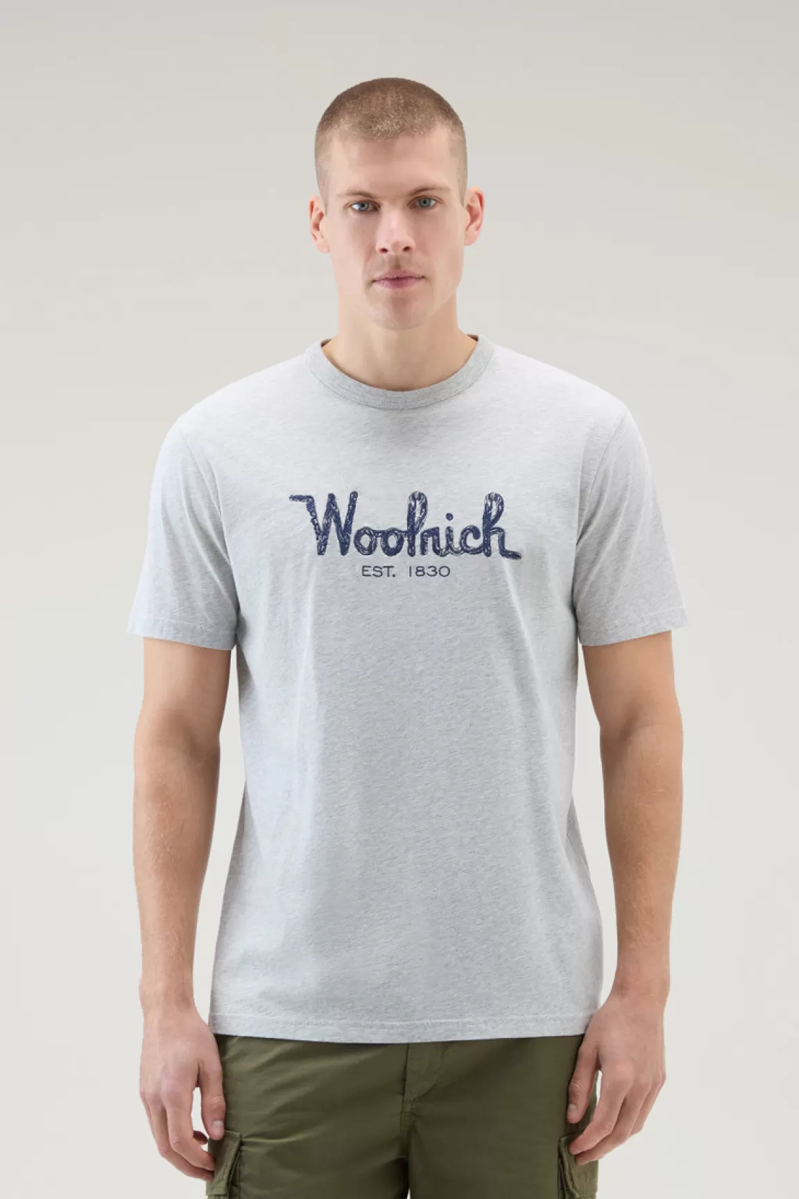 Woolrich Zuiver Katoenen T-shirt Met Borduursel Light Grey Melange Store