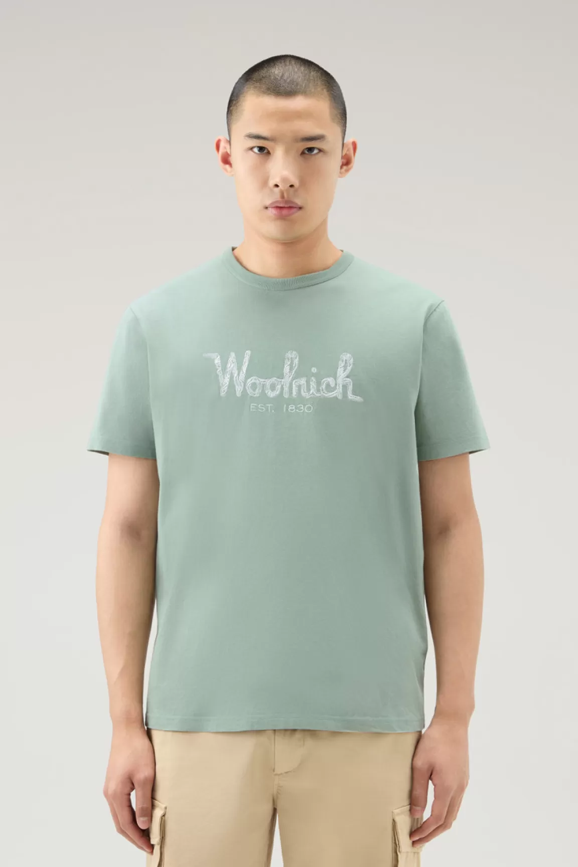 Woolrich Zuiver Katoenen T-shirt Met Borduursel Sage New