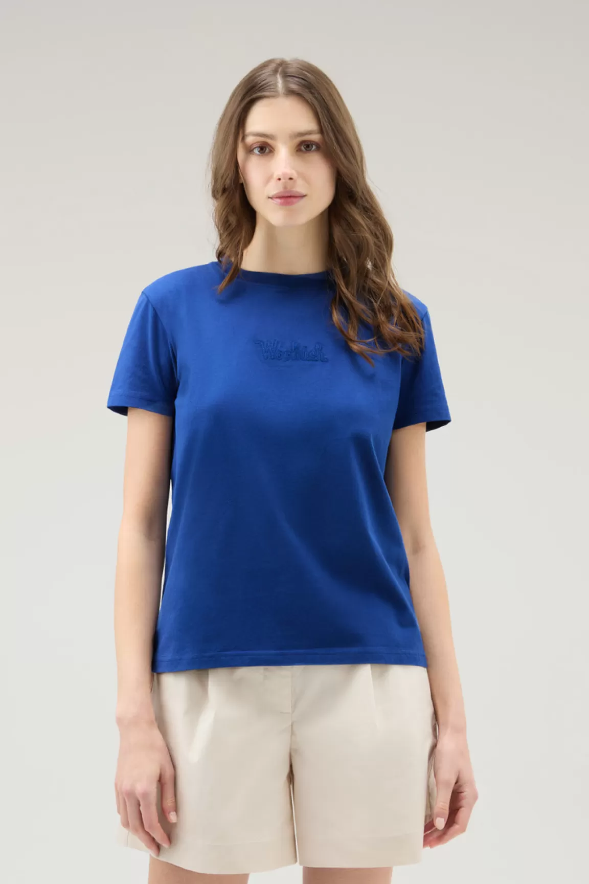 Woolrich Zuiver Katoenen T-shirt Met Geborduurd Logo Twilight Blue Online