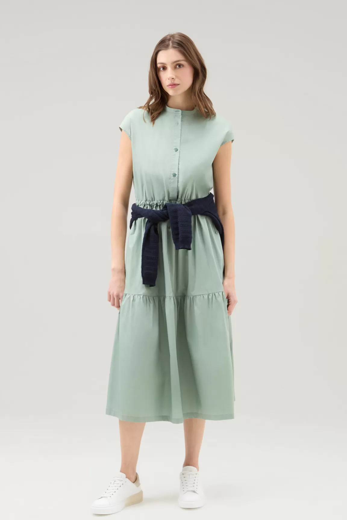 Woolrich Zuiver Popeline Katoenen Jurk Met Ruches Sage Store