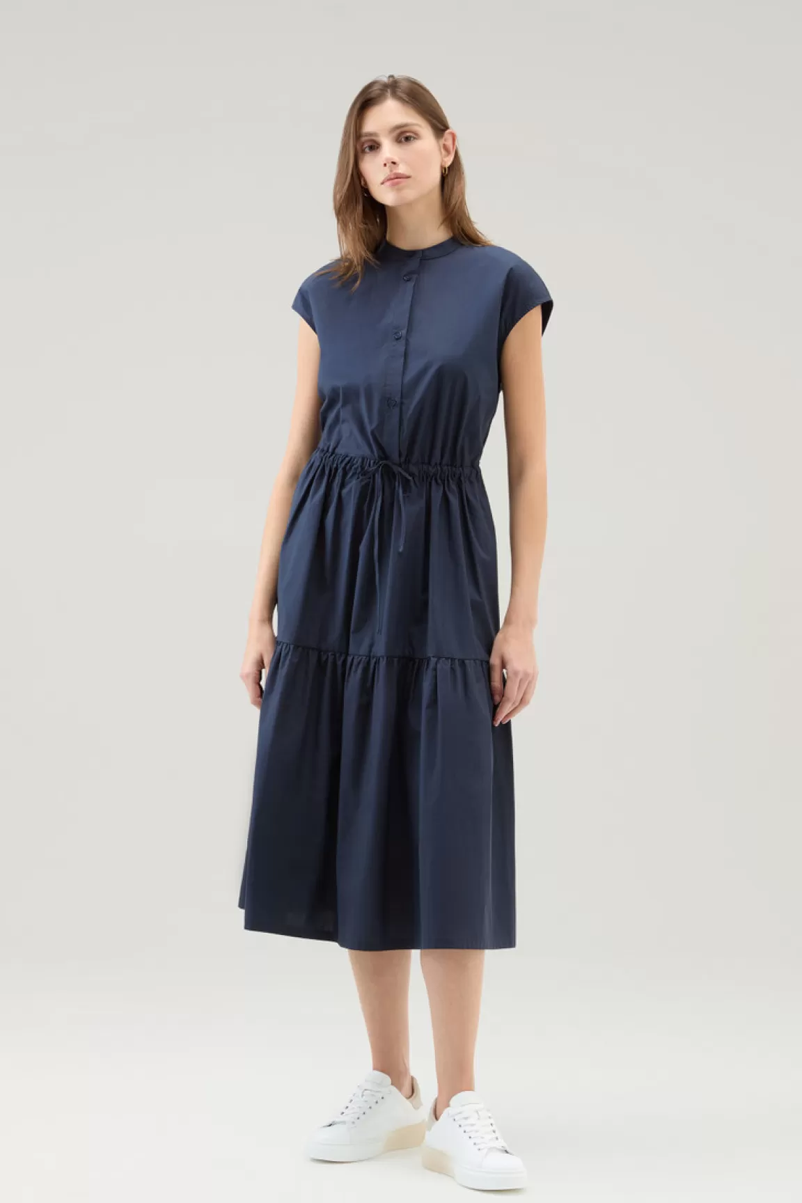 Woolrich Zuiver Popeline Katoenen Jurk Met Ruches Melton Blue Discount